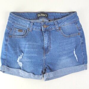 Stag Jeans High Rise Rolled Hem Distressed Ripped Light Wash Jean Short